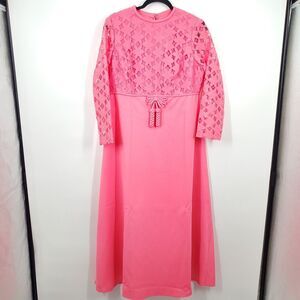 Vintage 60s 70s Pink Lace Long Sleeve Empire Waist Maxi Midi Boho Prairie Dress